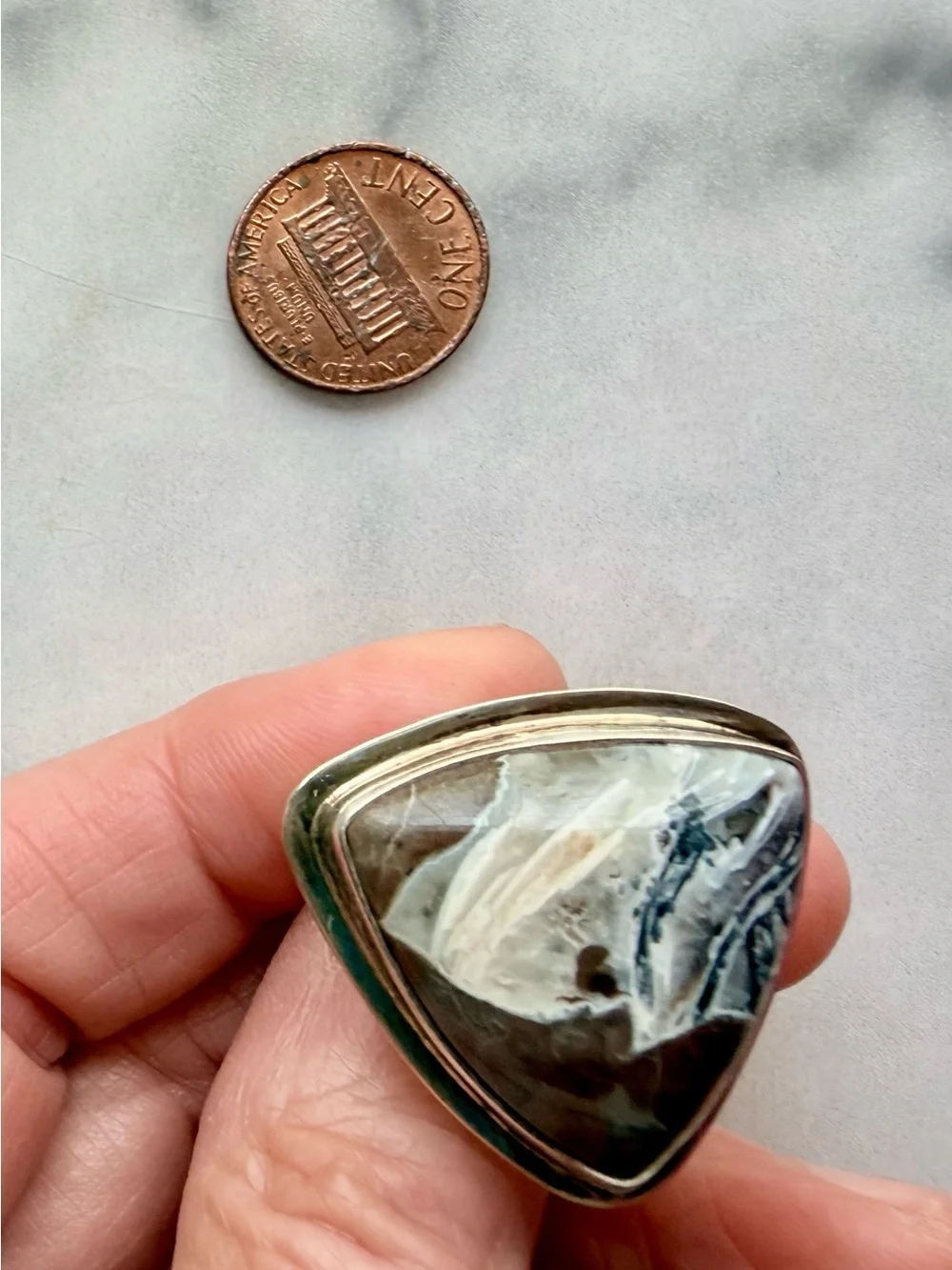 Triangular Moss Agate Statement Ring in Green and Cream